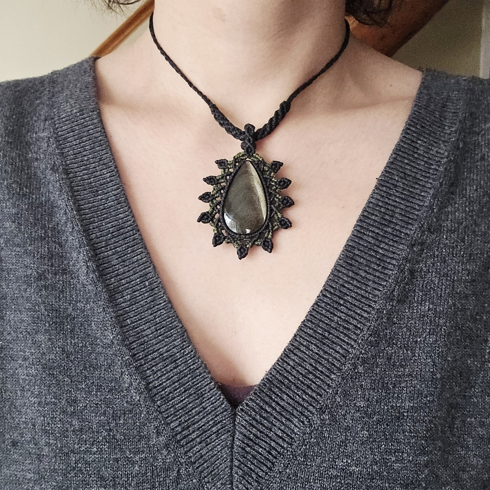 Handmade Macrame Obsidian Teardrop Stone Black Boho Bohemian Stone Necklace